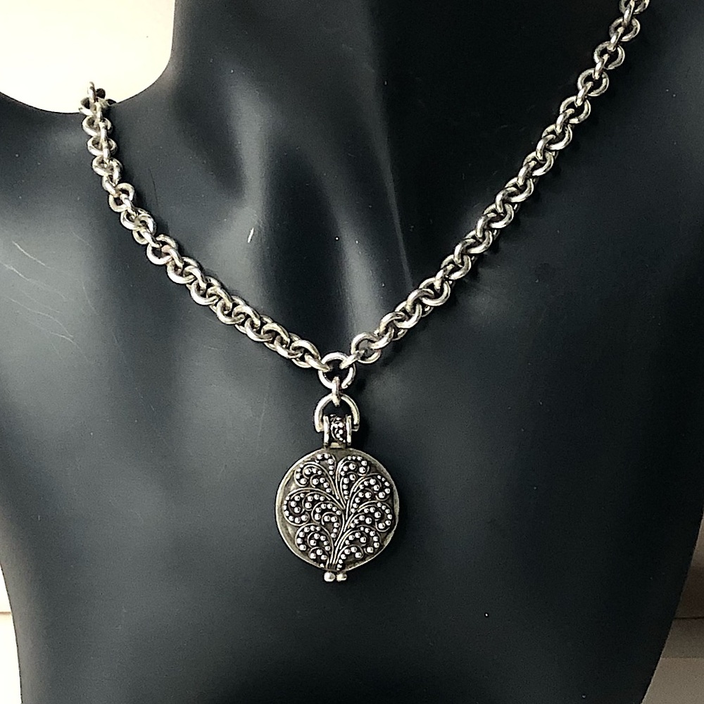 LOIS HILL Sterling Silver Granulated Double Sided Locket and Toggle Necklace